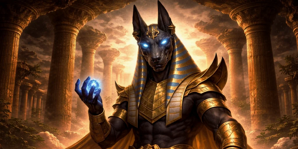 Anubis Egyptian god with glowing blue eyes holding magic energy sphere in ancient temple, mythological deity of afterlife and power concept