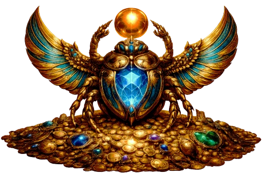 Golden Egyptian scarab beetle symbol of wealth and prosperity with blue gemstone and wings isolated on background, ancient Egypt luck amulet concept